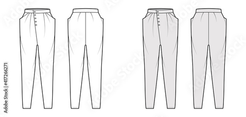 Tapered Baggy pants technical fashion illustration with low waist, rise, slash pockets, draping front, full lengths. Flat bottom apparel template back, white, grey color. Women, men, unisex CAD mockup