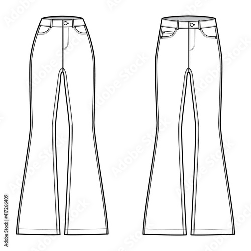 Set of Jeans flared bottom Denim pants technical fashion illustration with full length, normal low waist, high rise, 5 pockets, Rivets. Flat template front, white color. Women, men, unisex CAD mockup