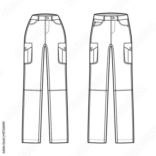 Set of Jeans cargo Denim pants technical fashion illustration with normal low waist, high rise, pockets, belt loops, full lengths. Flat apparel template front, white color style. Women, men unisex CAD