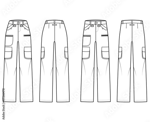 Set of Ski pants technical fashion illustration with normal low waist, high rise, zipper patch pockets, belt loops, full lengths. Flat template front back, white color. Women, men, unisex CAD mockup