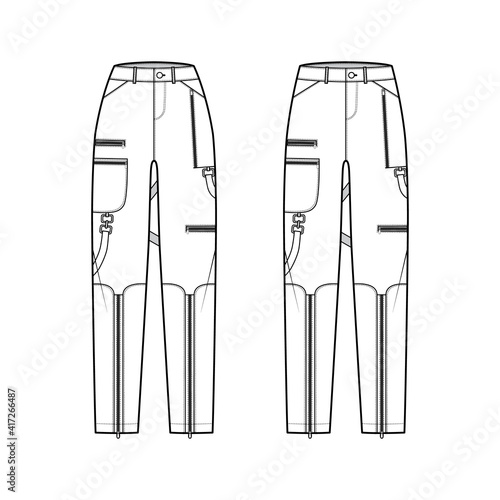 Set of Bondage pants technical fashion illustration with normal low waist, high rise, pockets, belt loops, full lengths. Flat bottom apparel template front, white color style. Women, men CAD mockup