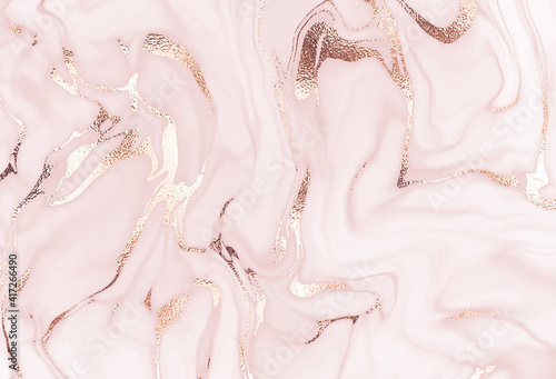 Liquid marble canvas abstract painting background with rose gold waves.