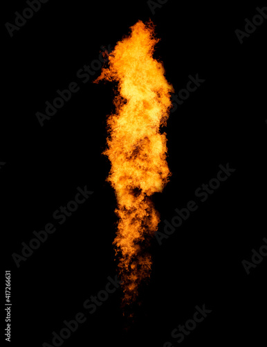 Bright isolated flame column, fire tongue goes from flamethrower