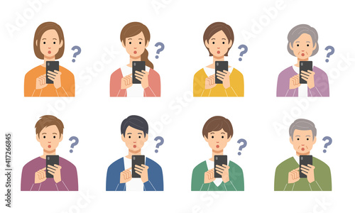 疑問顔でスマホを見る老若男女