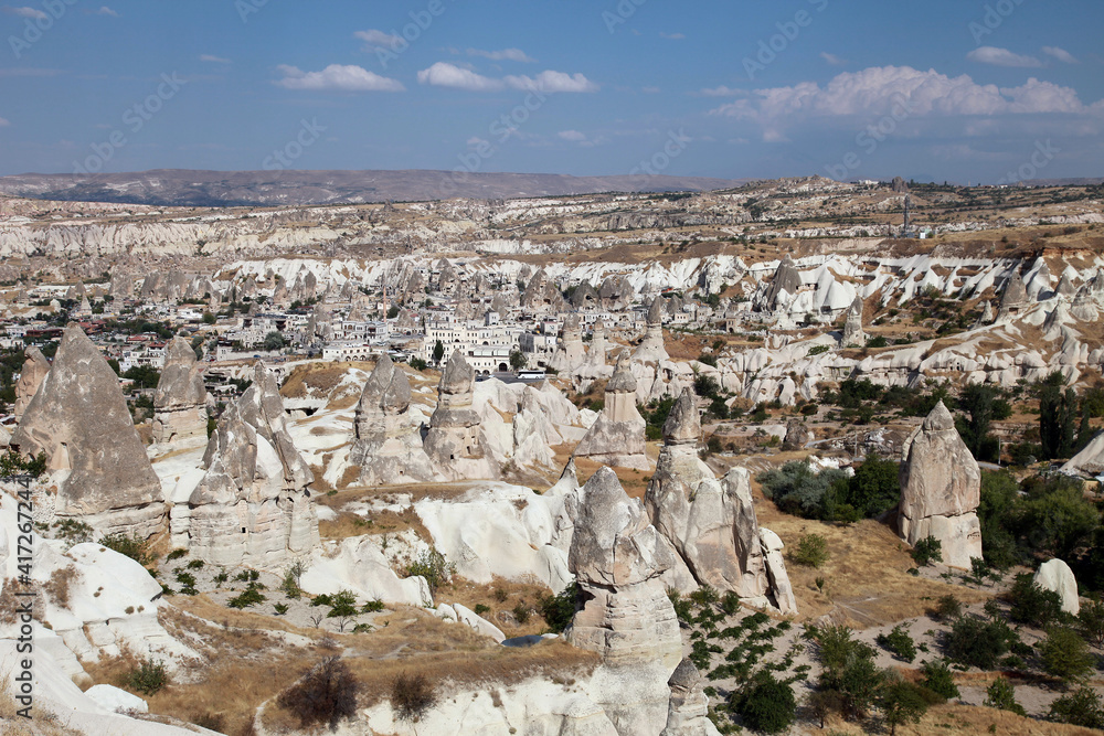 Special stone formation behind the district of Goreme at Cappadocia in Nevsehir, Turkey. Cappadocia is part of the UNESCO World Heritage Site.