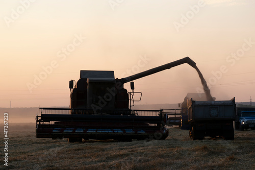 The harvester is pouring grain into the flatbed truck. There is a lot of dust around in the evening.