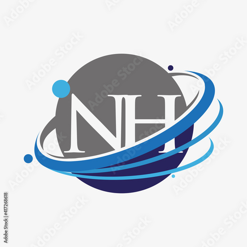 initial letter NH logotype company name colored blue and grey swoosh and globe design. isolated on white background.