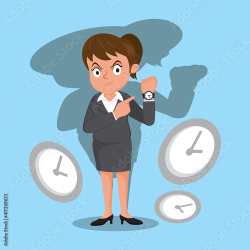 Angry businesswoman pointing watch asking punctuality wants be time, illustration vector cartoon
