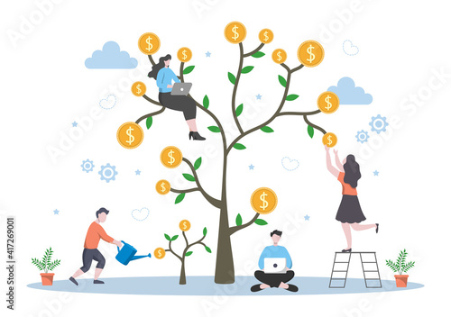 Money Tree Investments Flat Illustration for Banner Business Solution  Web Page Analysis of Sales  Statistic Grow Data  Accounting  Innovative Ideas  and Cash Profits