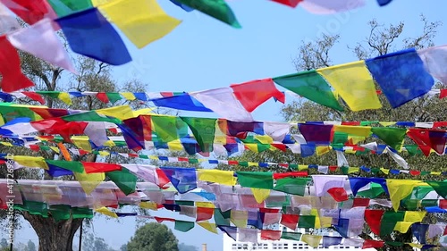 Cinematic Slow motion of colorful prayer flags pattern against the trees and sky in Lumbini Garden.
