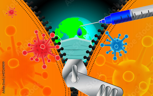 Zipper separates the Corona Virus, Covid-19. Prevention of Corona Virus, Covid-19 Disease invasion of germs and viruses that are spread throughout the world.