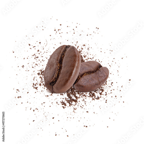 Roasted coffee beans with coffee powder studio shot isolated on white background, Healthy products by organic natural ingredients concept