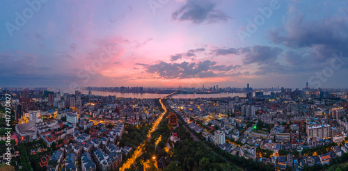 Aerial view of Wuhan skyline and Yangtze river with supertall skyscraper under construction in Wuhan Hubei China.