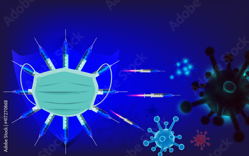 The syringe prevents and destroys the virus.
Virus protection.
Concept of masking and vaccine against the novel coronavirus.