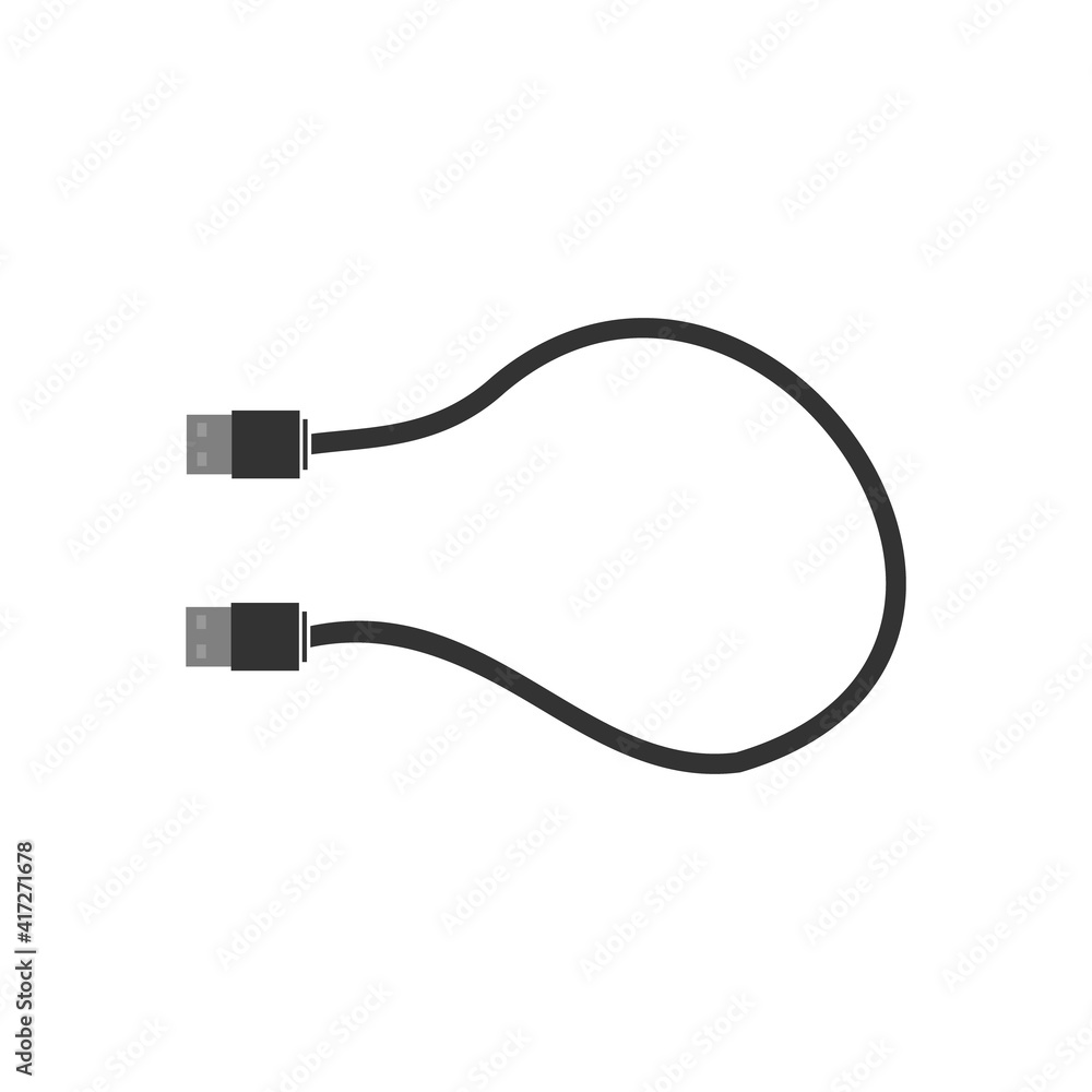 USB to USB cable for connecting various devices. The cable is black with a loop for the computer. Flat vector illustration USB to USB cable for connecting various devices. The cable is black with a loop for the computer. Flat vector illustration