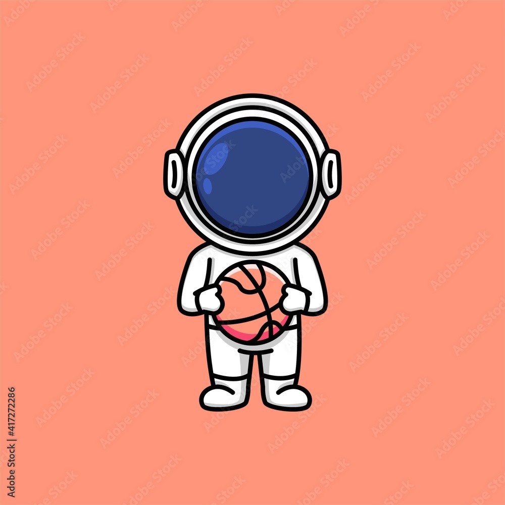 Cute astronaut holding basketball cartoon illustration