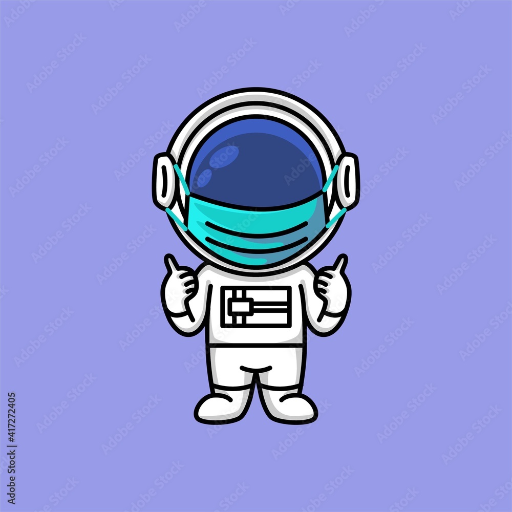 Cute astronaut wearing medical face mask and showing thumbs up sign cartoon illustration