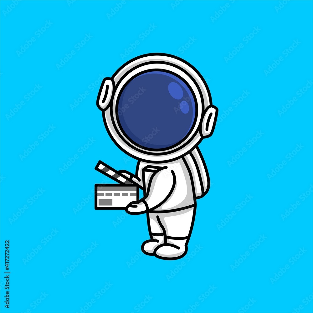 Cute astronaut holding up a clapboard movie film cartoon illustration