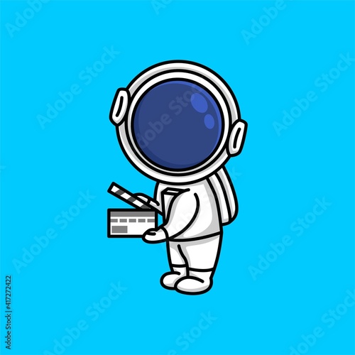 Cute astronaut holding up a clapboard movie film cartoon illustration