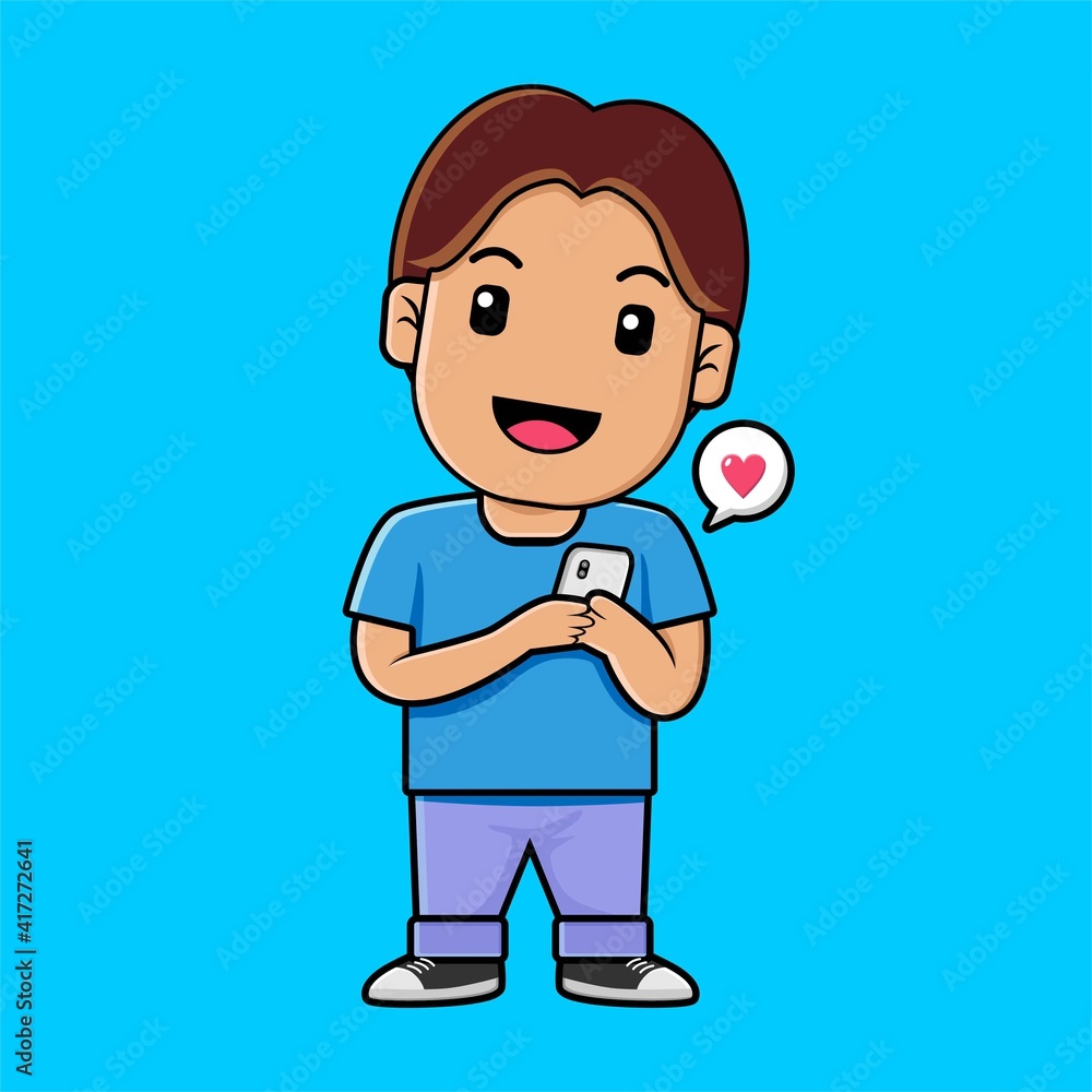Cute boy using mobile dating application cartoon illustration Cute boy using mobile dating application cartoon illustration
