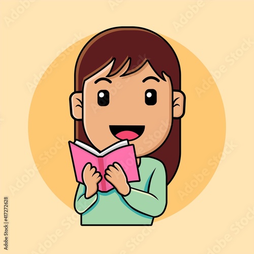 Cute girl reading a book cartoon illustration