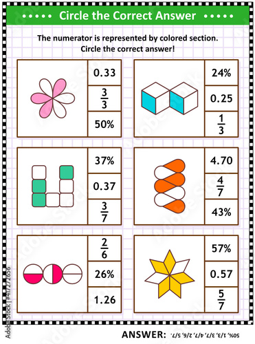 Math skills and IQ training visual puzzle or worksheet for schoolchildren and adults. Circle the correct answer. Find the number equivalent for each pictorial fraction representation.
