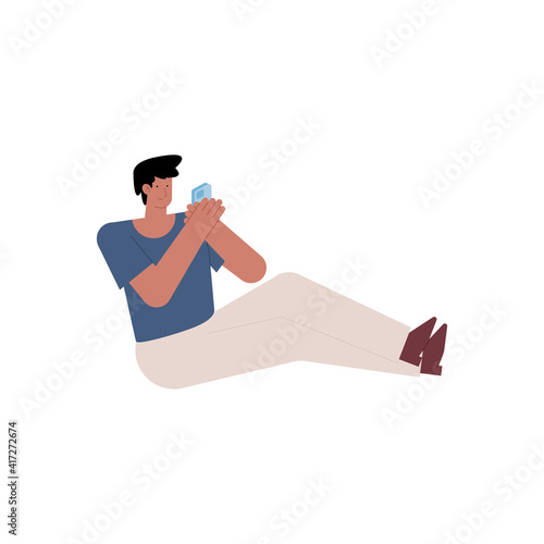 young man seated using smartphone character