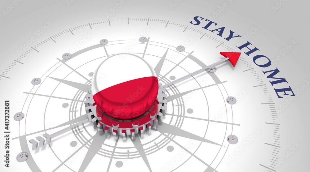 Concept of medicine. Abstract compass points to the stay home text. Flag of Poland. 3D rendering Concept of medicine. Abstract compass points to the stay home text. Flag of Poland. 3D rendering