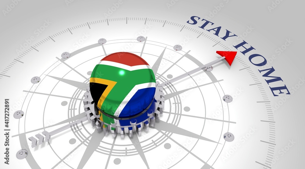 Concept of medicine. Abstract compass points to the stay home text. Flag of South Africa. 3D rendering Concept of medicine. Abstract compass points to the stay home text. Flag of South Africa. 3D rendering