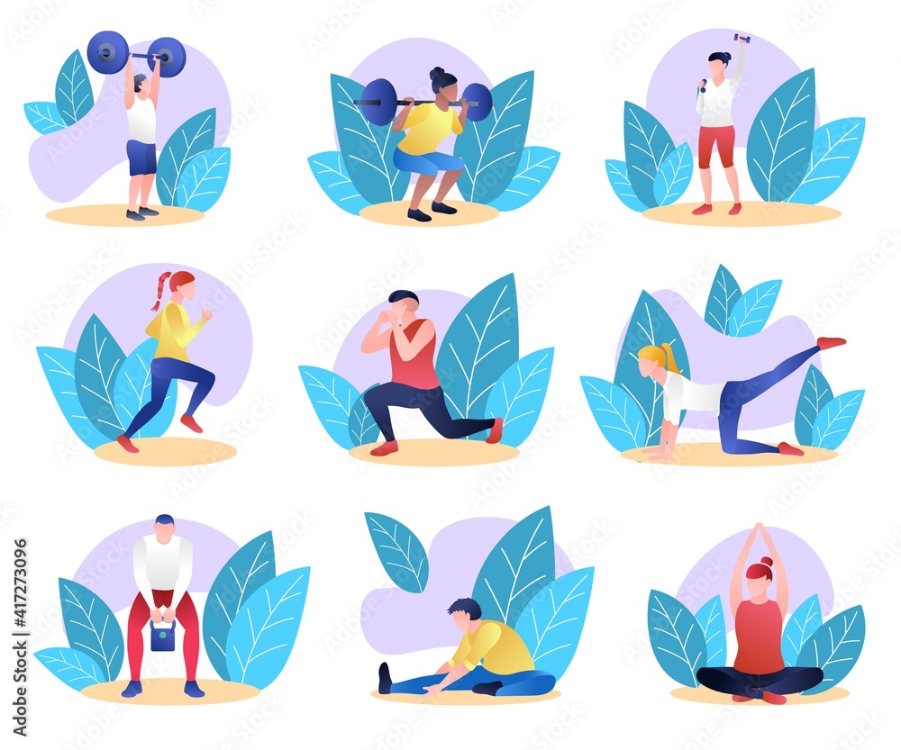 Collection of athletic people doing sports. Men and women in sports uniform weightlifting and doing fitness exercises and yoga. Active healthy lifestyle concept flat vector illustration Collection of athletic people doing sports. Men and women in sports uniform weightlifting and doing fitness exercises and yoga. Active healthy lifestyle concept flat vector illustration