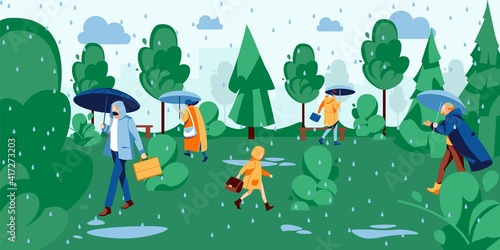 People walking in park under rain. Men, women and children walking with umbrellas dressed in raincoats at rainy day. Spring or summer season concept cartoon vector illustration