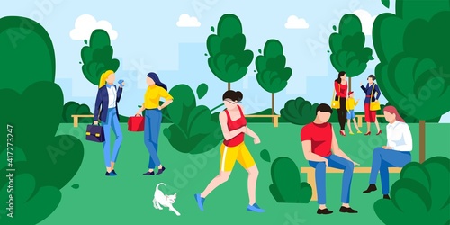 People spending leisure time in summer park. Persons performing leisure outdoor activities, doing sports, meeting, dating, walking. Pastime on nature at city park cartoon vector illustration
