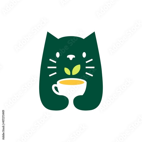 cat tea leaf cup negative space logo vector icon illustration