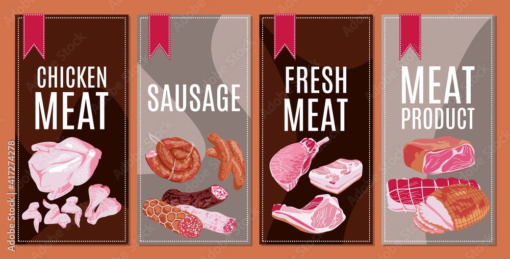 Fresh meat products card templates set. Butchery shop, farm market or menu design. Natural meat products assortment vector illustration flat vector illustration