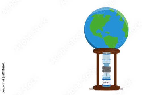 Hourglass of vaccine vials, holding the world. The waiting for the cure. Covid. Conceptual illustration