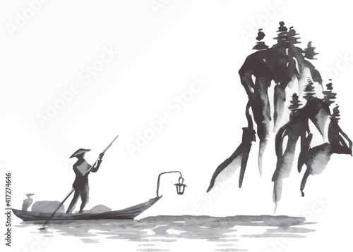 Japan traditional sumi-e painting. Fuji mountain, sakura, sunset. Japan sun. Indian ink vector illustration. Japanese picture.