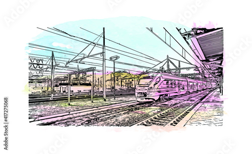 Building view with landmark of Bolzano is a city in the South Tyrol province of north Italy. Hand drawn sketch illustration in vector.