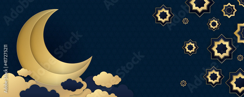 blue gold ramadan kareem islamic greeting card background vector illustration. Ramadan Kareem set of posters or invitations design with 3d paper cut islamic lanterns, stars and moon on gold and blue