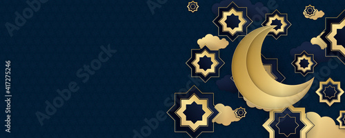 Ramadan kareem blue gold 2021 background. Paper cut vector illustration with mosque and moon, place for text greeting card and banner