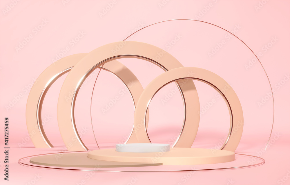 Obraz premium Luxury stone podium, stand, platform. Mockup for promotion presentation. Relaxation therapy, spa cosmetics advertisement. Architectural beige composition of round stone. 3d render illustration.