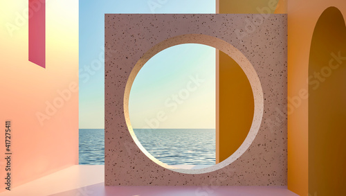 Round hole - ocean, sea views. Terrazzo stone sculpture. Empty space platform for mockup design. Sunny summer advertising composition. 3d render illustration