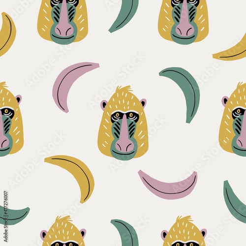Cute vector primates in flat style. Chimpanzee, Orangutan, Gorilla,
Lion-tailed macaque, Mandrill, Pygathrix roxellana, Macaca fuscata - primates cartoon character. Vector seamless pattern