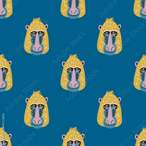 Cute vector primates in flat style. Chimpanzee, Orangutan, Gorilla,
Lion-tailed macaque, Mandrill, Pygathrix roxellana, Macaca fuscata - primates cartoon character. Vector seamless pattern photo