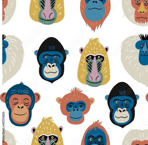 Cute vector primates in flat style. Chimpanzee, Orangutan, Gorilla,
Lion-tailed macaque, Mandrill, Pygathrix roxellana, Macaca fuscata - primates cartoon character. Vector seamless pattern