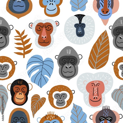 Cute vector primates in flat style. Chimpanzee, Orangutan, Gorilla,
Lion-tailed macaque, Mandrill, Pygathrix roxellana, Macaca fuscata - primates cartoon character. Vector seamless pattern photo