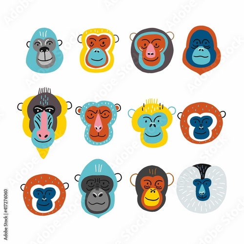 Cute vector primates in flat style. Chimpanzee, Orangutan, Gorilla,
Lion-tailed macaque, Mandrill, Pygathrix roxellana, Macaca fuscata - primates cartoon character. Vector print in modern style