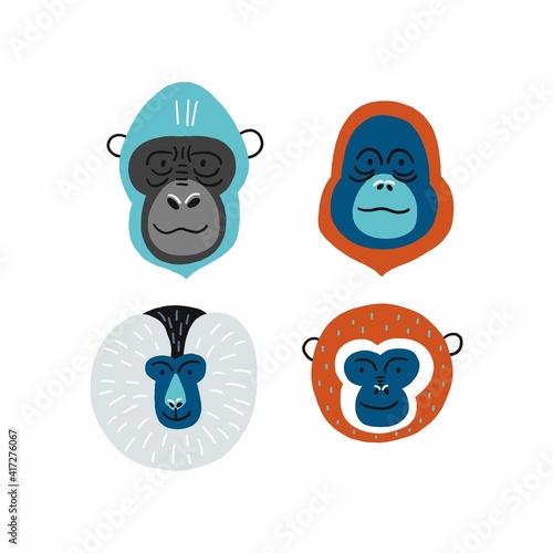 Cute vector primates in flat style. Chimpanzee, Orangutan, Gorilla,
Lion-tailed macaque, Mandrill, Pygathrix roxellana, Macaca fuscata - primates cartoon character. Vector print in modern style