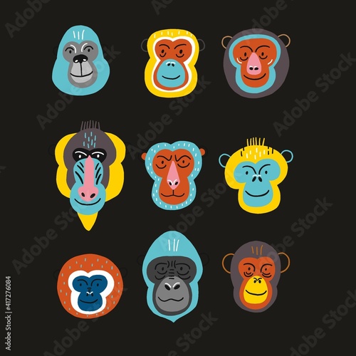 Cute vector primates in flat style. Chimpanzee, Orangutan, Gorilla,
Lion-tailed macaque, Mandrill, Pygathrix roxellana, Macaca fuscata - primates cartoon character. Vector print in modern style