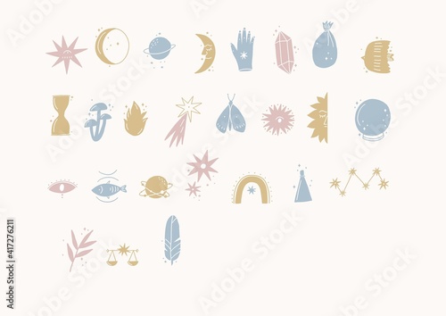 Boho magical vector illustrations. Vector witch magic design elements set. 