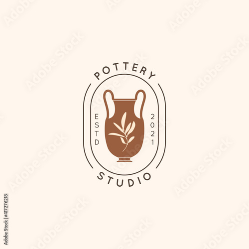 Pottery Studio Logo in a Trendy Minimal Style. Vector Icon of a Greek Vase with an Olive Branch